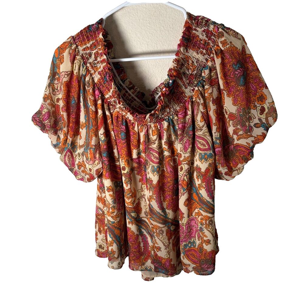 Jessica Simpson Blouse Women's 1X Round Neck Puff Sleeve Floral Top Casual